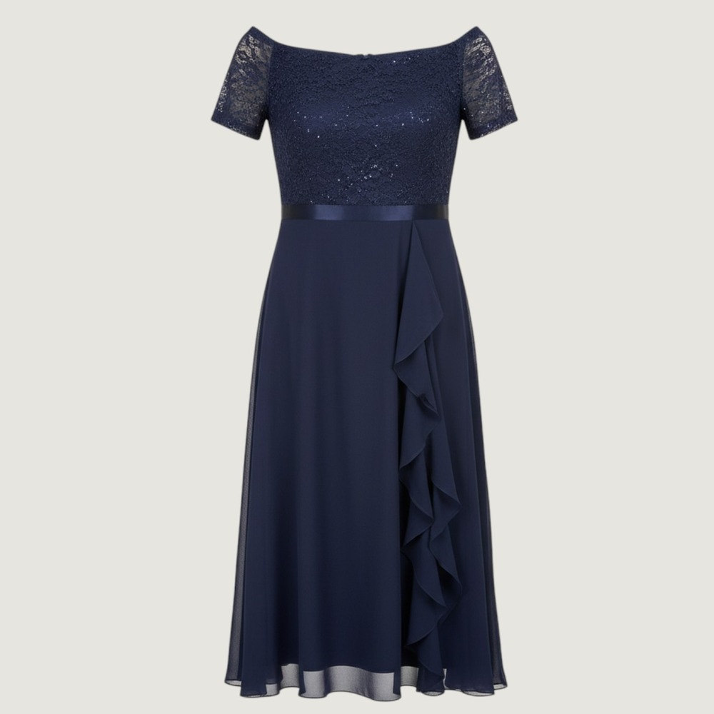 Berylove Dress Womens XL Navy Blue Sequin Lace Off Shoulder Maxi Formal Gown New
